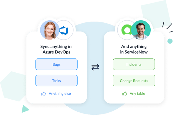 Sync anything in Azure DevOps like bugs and tasks, with anything in ServiceNow like incidents and change requests