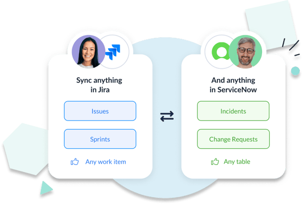 Sync anything in Jira like issues and sprints, with anything in ServiceNow like incidents and change requests