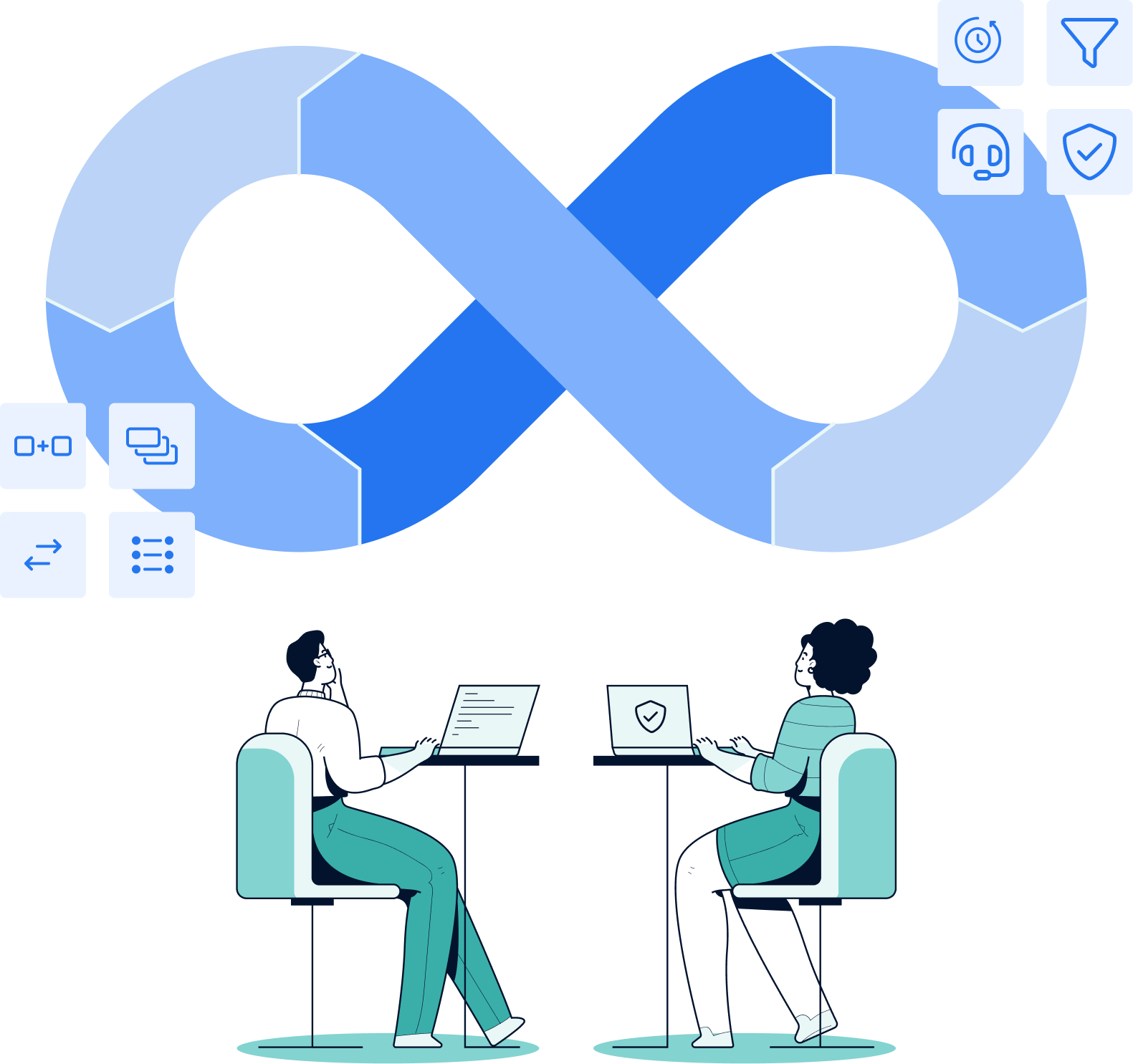 Illustration of two people working at laptops beneath an infinity loop symbol, representing continuous DevOps workflows with icons for automation, synchronization, security, and monitoring. Illustration of two people working at laptops beneath an infinity loop symbol, representing continuous DevOps workflows with icons for automation, synchronization, security, and monitoring.