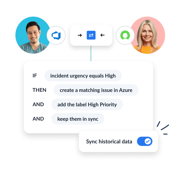 Unito rules builder for ServiceNow ↔ Azure DevOps: if incident urgency equals High, create a matching Azure DevOps issue, add ‘High Priority,’ keep both in sync, with historical sync enabled.