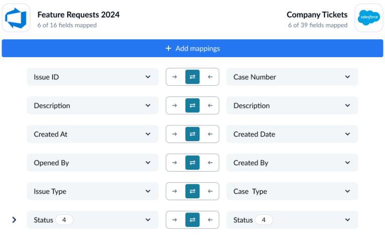 Unito field mapping interface between Azure DevOps feature requests and Salesforce company tickets, showing two-way sync for fields like Issue ID to Case Number, Description, Created Date, Assignee, Issue Type, and Status. Unito field mapping interface between Azure DevOps feature requests and Salesforce company tickets, showing two-way sync for fields like Issue ID to Case Number, Description, Created Date, Assignee, Issue Type, and Status.