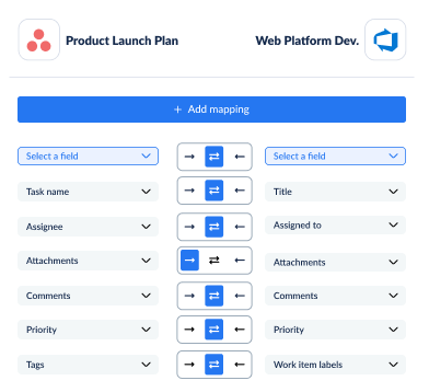 Example field mappings between Asana and Azure DevOps