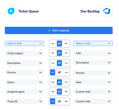 Example field mapping between Freshservice and Azure DevOps