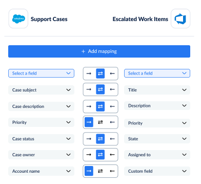 Example field mapping between Salesforce and Azure DevOps
