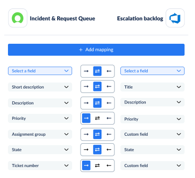 Example field mapping between ServiceNow and Azure DevOps