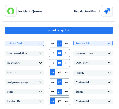 Example field mapping between ServiceNow and Jira