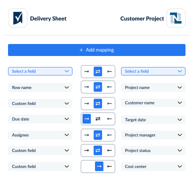 Example field mapping between Smartsheet and NetSuite