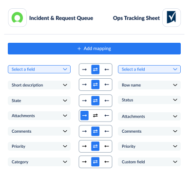 Example field mappings between ServiceNow and Smartsheet